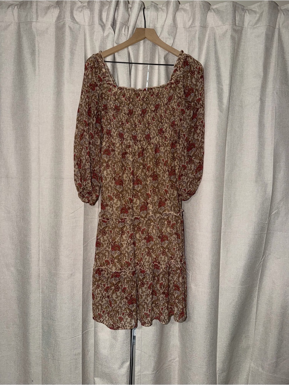 Smocked Square-Neck Floral Dress in Beige and Red